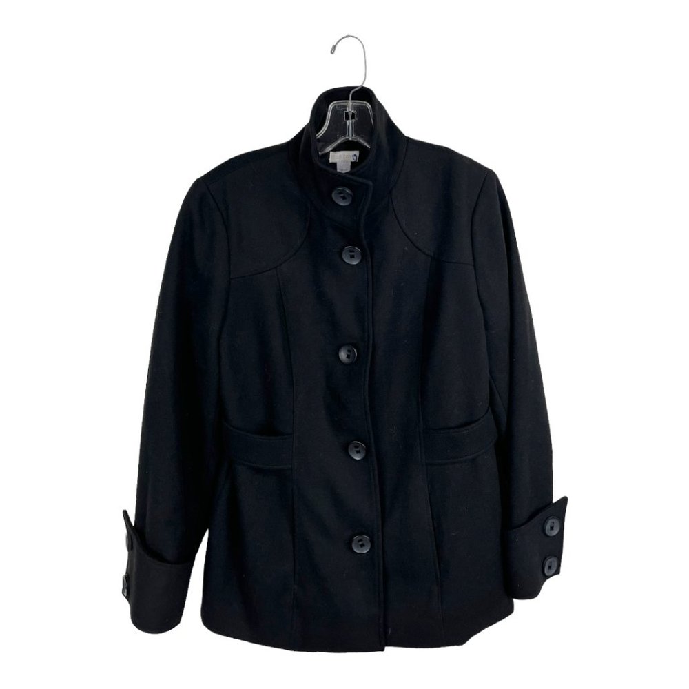 Chico's black coat jacket Sz M button front peacoat preppy academia jacket